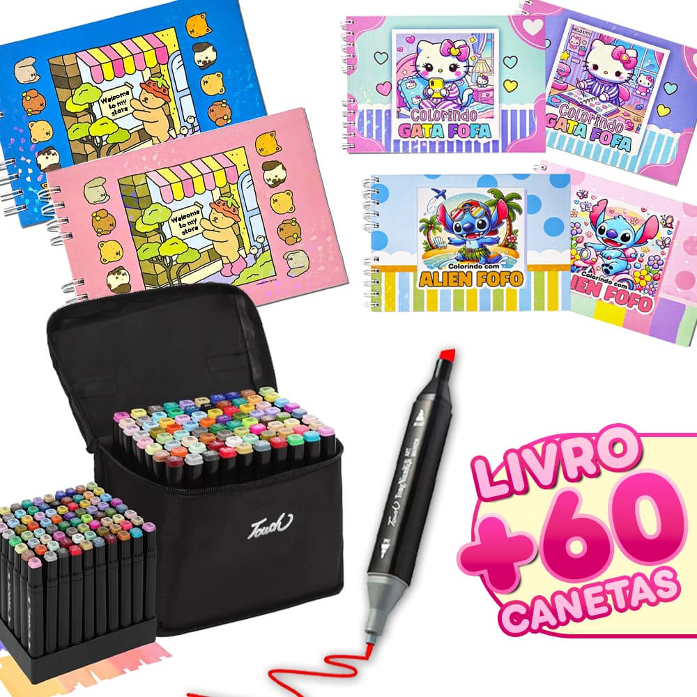 KIT Caderno de Colorir + Canetinha Duas Pontas - 24 cores, 50 páginas de Desenho ESCOLHA O TEMA