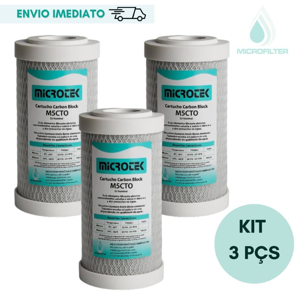 Filtro Refil Carbon Block 5" Carvão Ativado Purificador Retenção de Cloro Kit 3 Pçs Reposição
