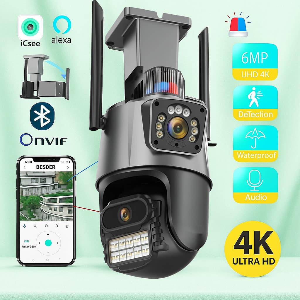 Câmera Segurança Wifi 4K Lente Dupla (Monitora 2 pontos ao mesmo tempo) - Sensor Movimento e Alarme