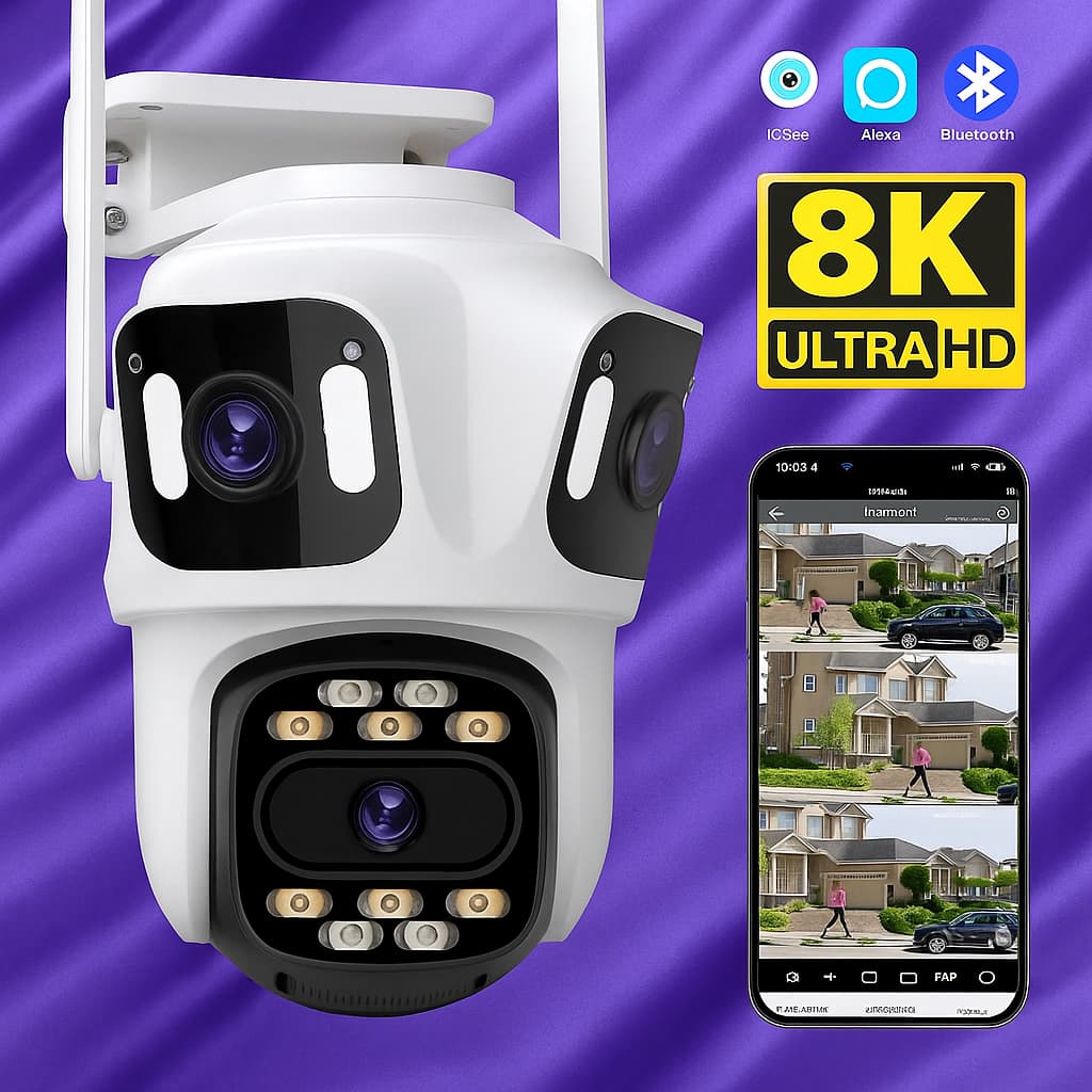 Câmera de segurança wifi 8K HD 360 graus multi-lens ao ar livre rastreamento automático 3 lentes