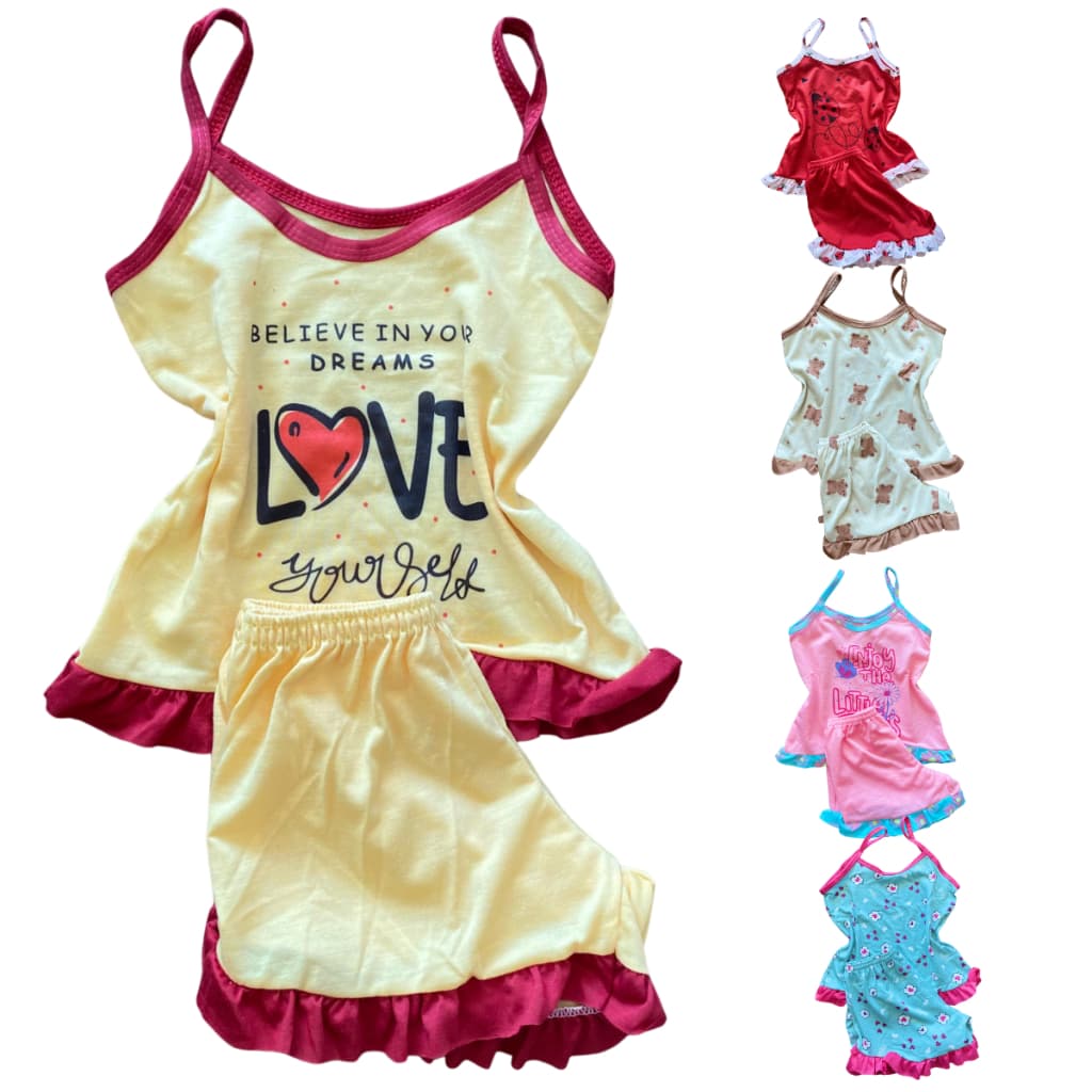 Kit 4 Pijamas Infantil Baby Doll Estampado com Short Roupa de Dormir Menina Presente