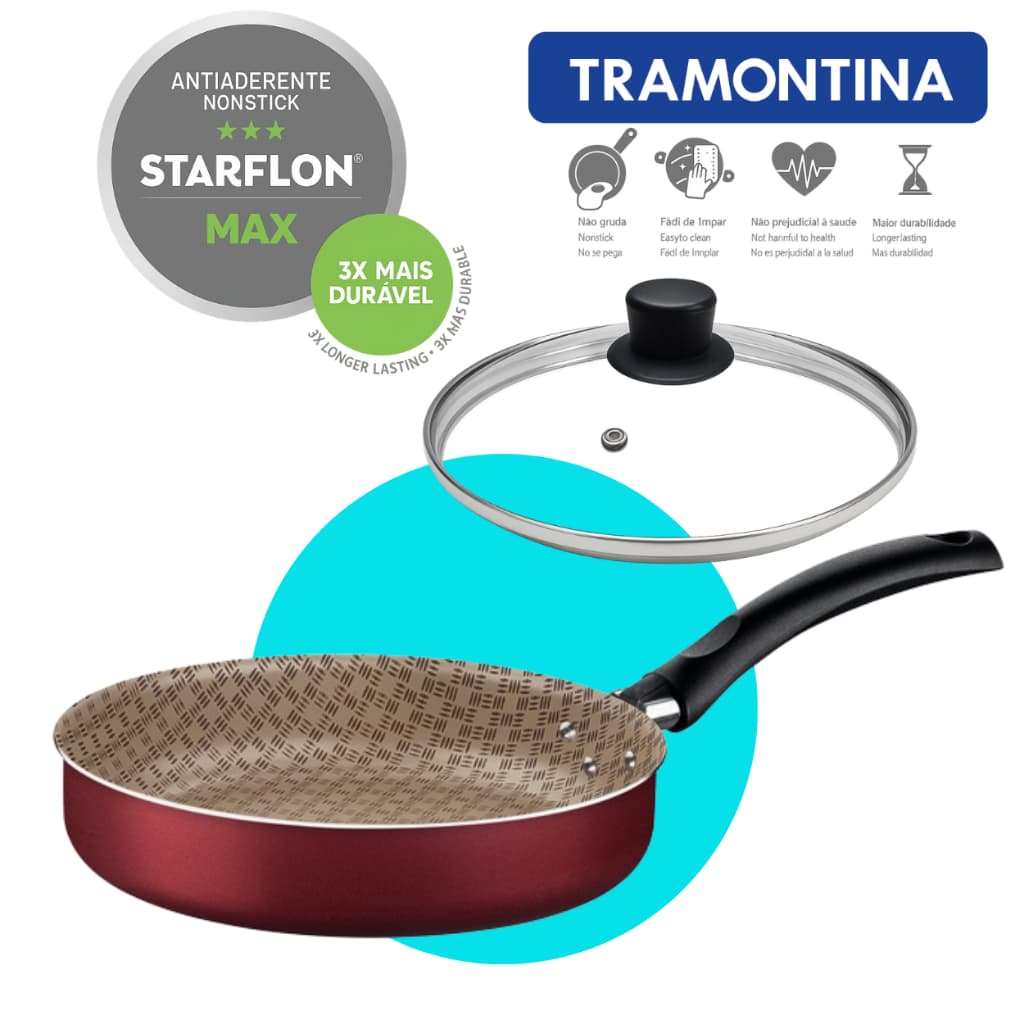 Frigideira Tramontina Turim Reta em Alumínio Antiaderente Starflon Max Vermelho 22 cm 1,7L Tampa de Vidro