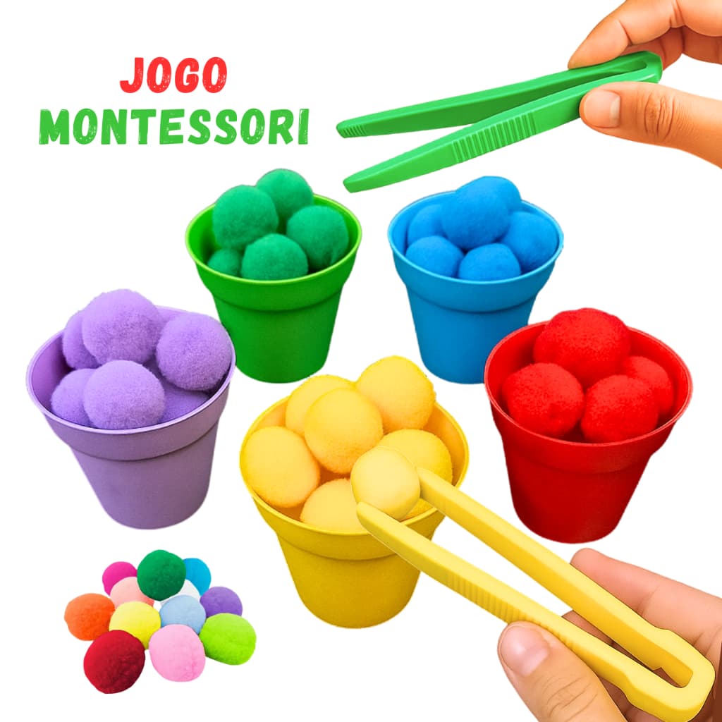 Kit Montessori Coordenação Motora Jogo Potes Pompons Pinça Educativo Sensorial Pedagógico Colorido