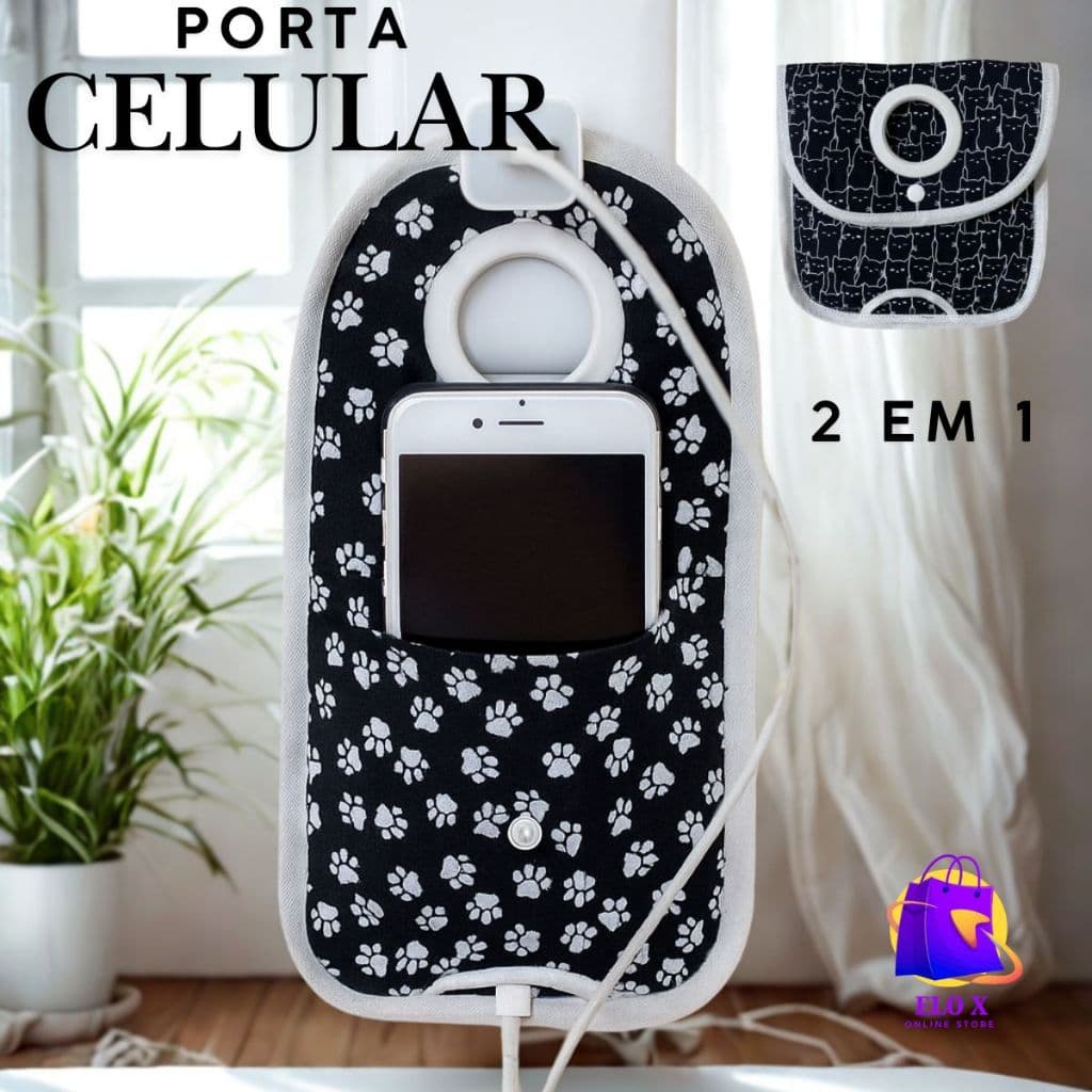 Porta Celular e Necessaire Carregador Tecido Parede 2 em 1 Bolsinha Para Carregar Várias Estampas