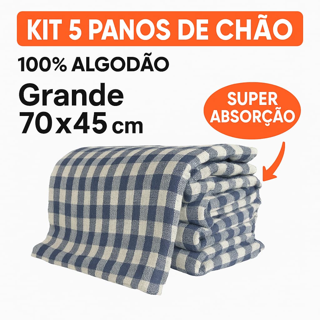 5 Panos de Chão Xadrez Grande 70x45cm – Algodão Reforçado, Super Absorvente e Durável, Kit Multiuso Limpeza
