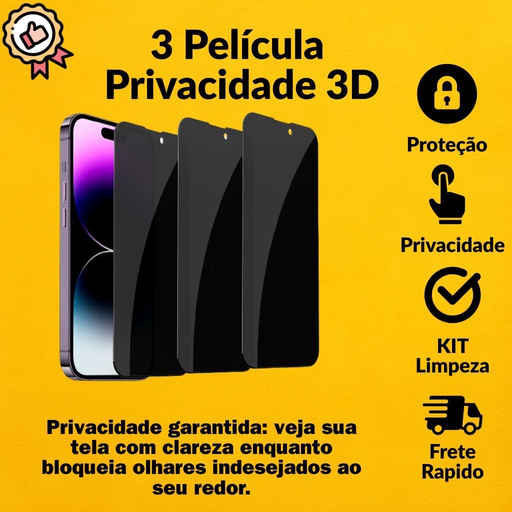 Película Privacidade De 3D Vidro Temperado Para Tudo Iphone X,XS,XR,6,7,8,11,12,13,14,15,16 /Pro Max/PRO/PLUS/MINI