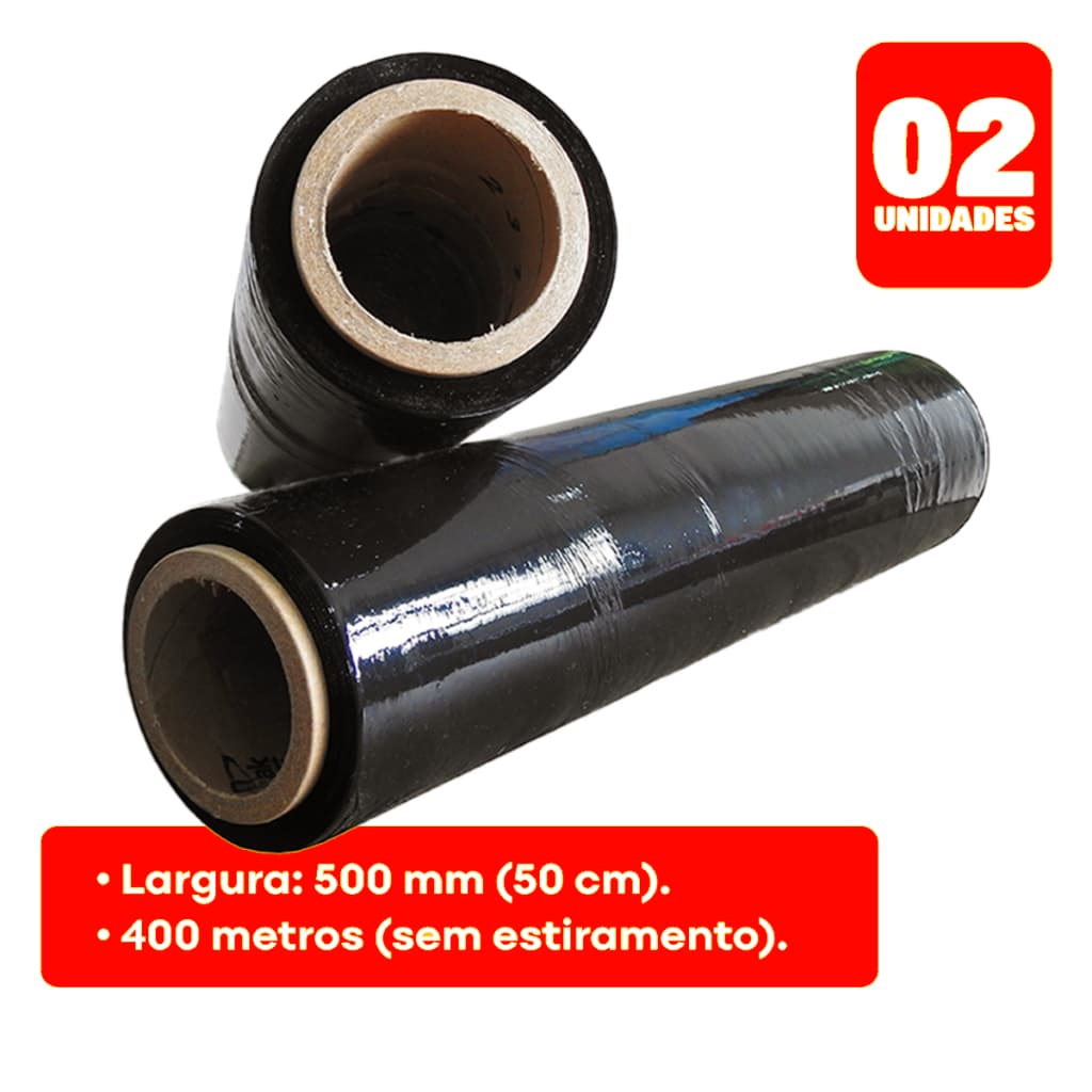 Kit 2 Bobinas Filme Stretch Preto 20 Micras x 50cm | Embalagem Segura, Resistente e Discreta (400m)