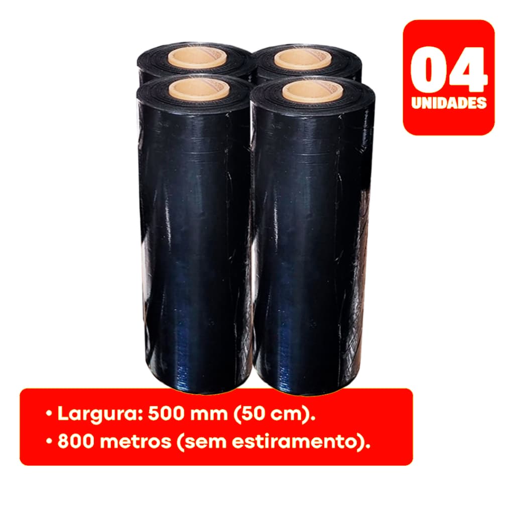 Kit 4 Bobinas Filme Stretch Preto 20 Micras 50cm x 200m | Rolo Virgem para Embalar Caixas e Pallets