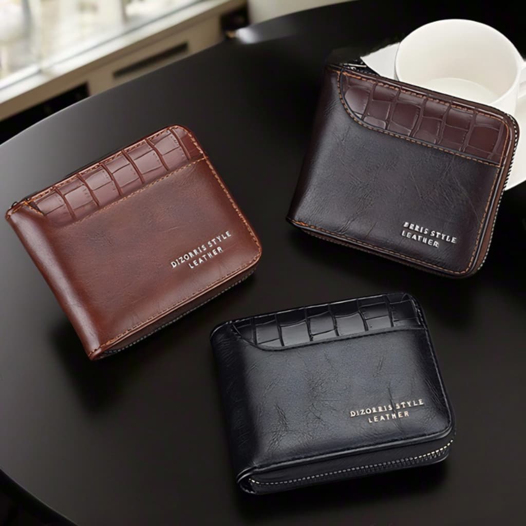 Carteira Masculina Cartão Porta-Moedas Com Zíper Vintage De Couro Grande Capacidade