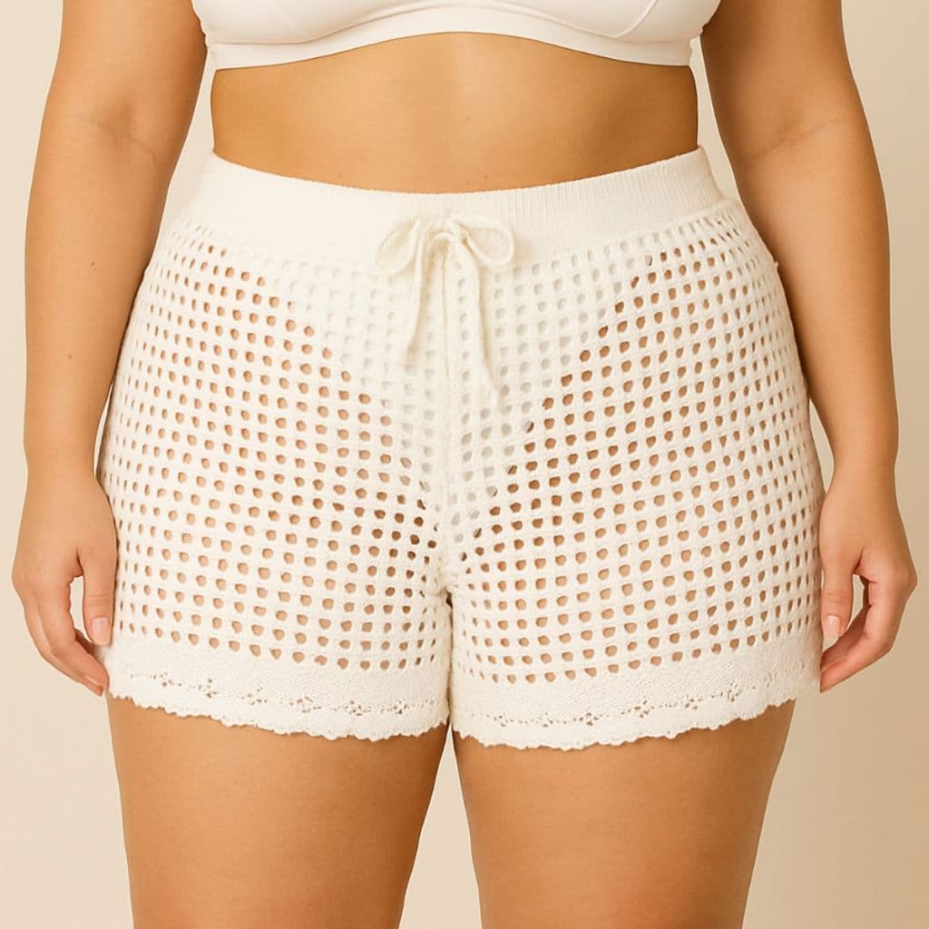 Short Tricô Vazado Feminino Plus Size Verão Praia Resort Estilo Sofisticado Envio Imediato