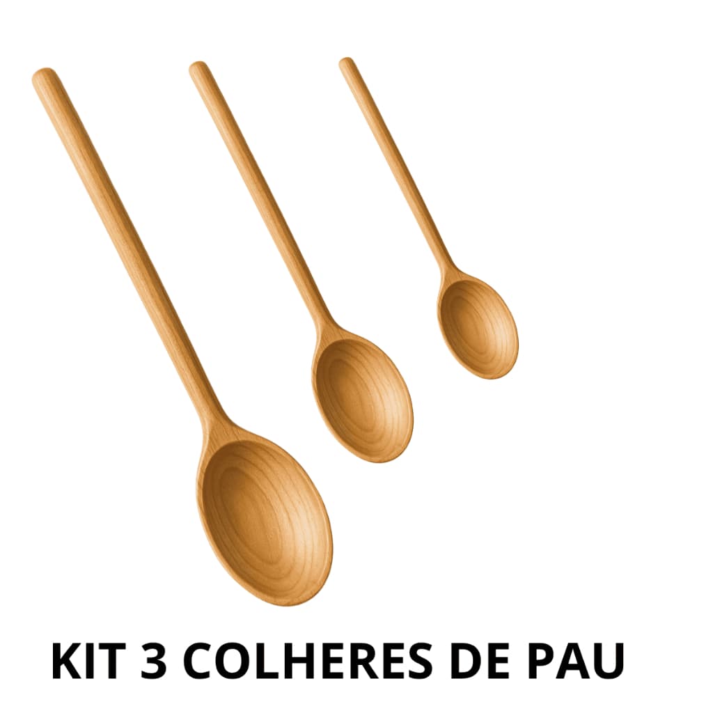 Kit 3 Colheres de Pau Madeira Natural 26cm 30cm 38cm Utensílios de Cozinha Ideal para Mexer