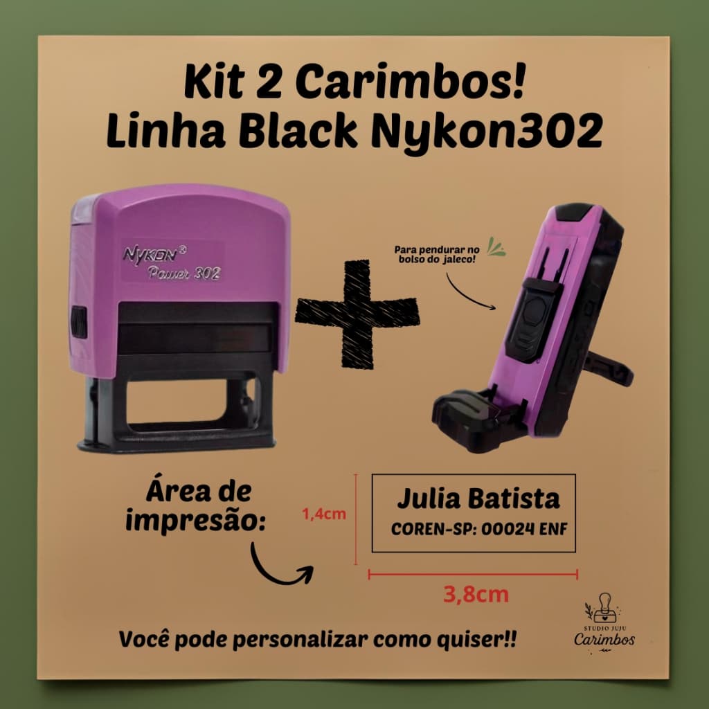 kit 2 Carimbos  POCKET + Carimbo automático linha Black VPOWER Nykon 302 – 38x14 mm