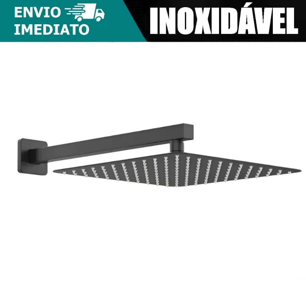 Chuveiro Ducha Inox 304 Quadrado Articulado 20X20 Slim Banheiro Acabamento Preto Piscina Externa