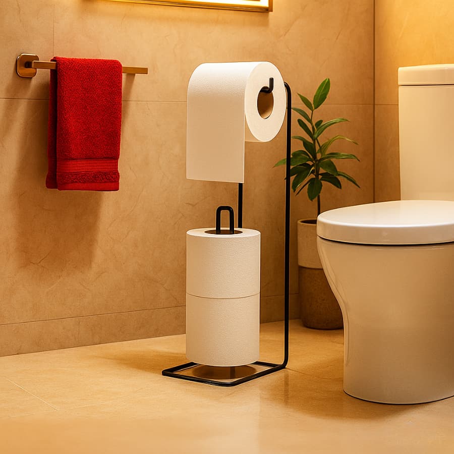 Porta Papel Higiênico Suporte Chão Banheiro Aramado Preto Epóxi Organização