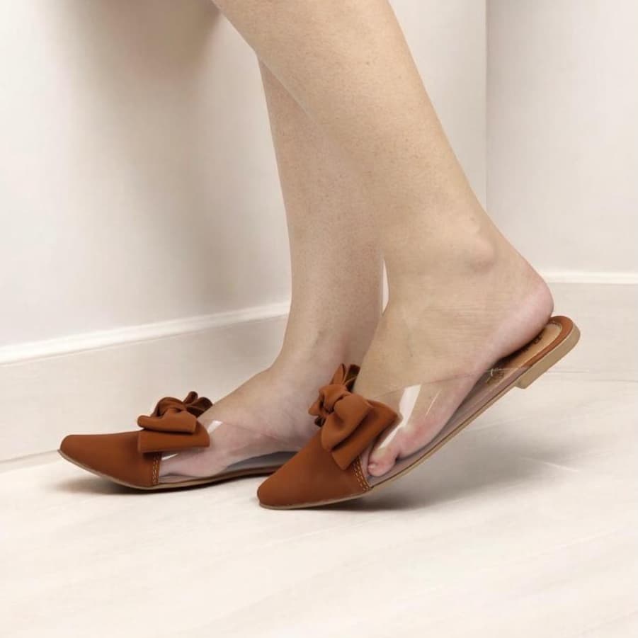 Sapato Mule Feminino Vinil Cristal Transparente Confort Bico Fino Moda Casual Solado Macio