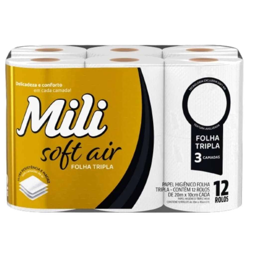 Papel Higiênico Mili Soft Air Folha Tripla 12 Rolos 3 Camadas