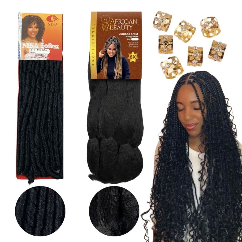 Kit Gypsy Braid Goddess Crochet Nina Cachos Fibra Japonesa 100g e Jumbo Tranças Afro