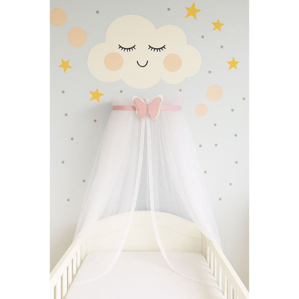 kit mosquiteiro para berço com dorsel borboleta glamurosa perolas bilhantes