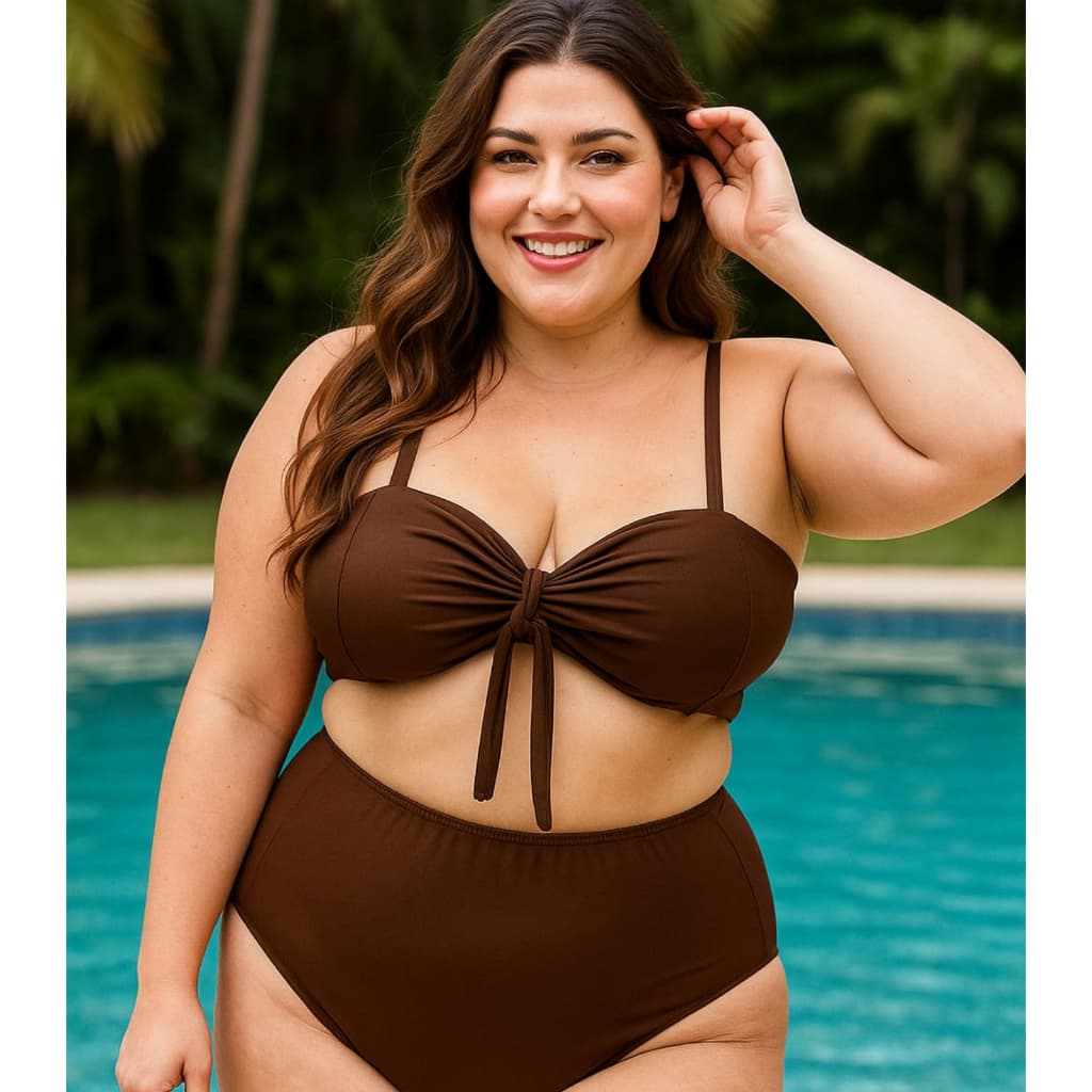Biquini Top Plus Size 2em1 Feminino, Bojo e Laço Removivel Calcinha Cintura Alta Moda Praia