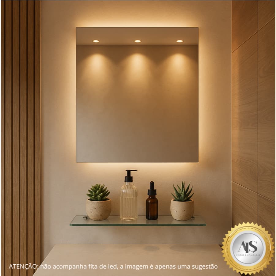 Espelho Banheiro Grande 60cm x 60cm + Prateleira de Vidro e Kit Inst. Decoração Sala Lavabo Casa