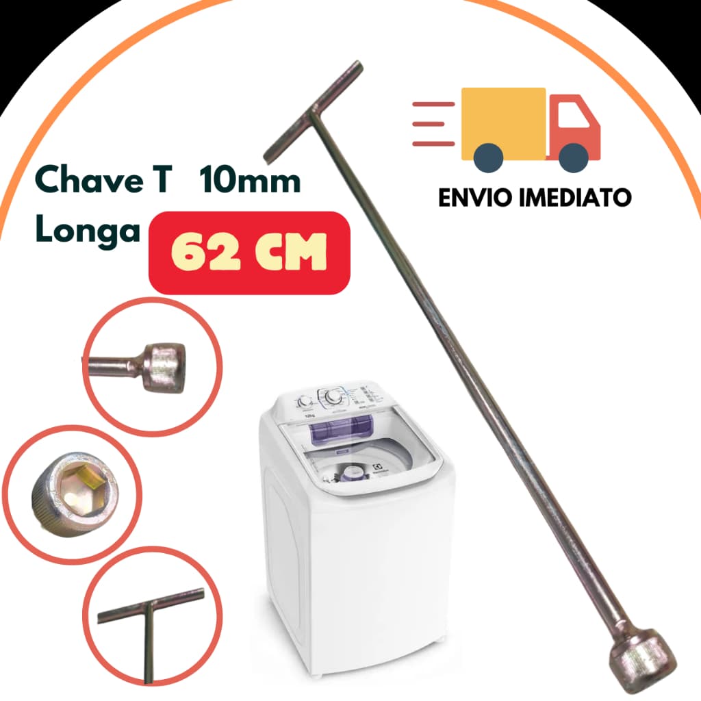 Chave T 10mm Longa 62cm para Limpeza Máquina de Lavar Agitador Brastemp Electrolux