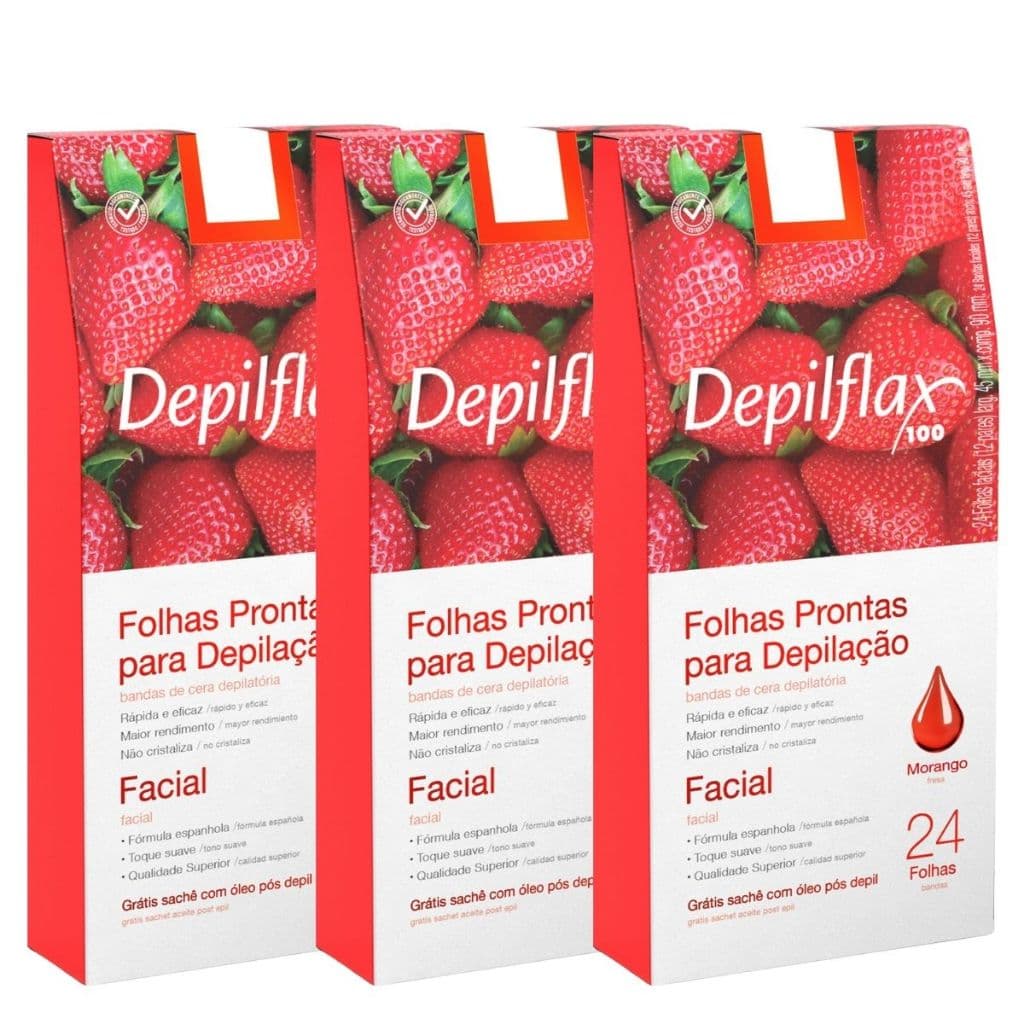 Kit 3 Caixas Folhas Depilatórias Facial Morango 72 Unidades Depilflax