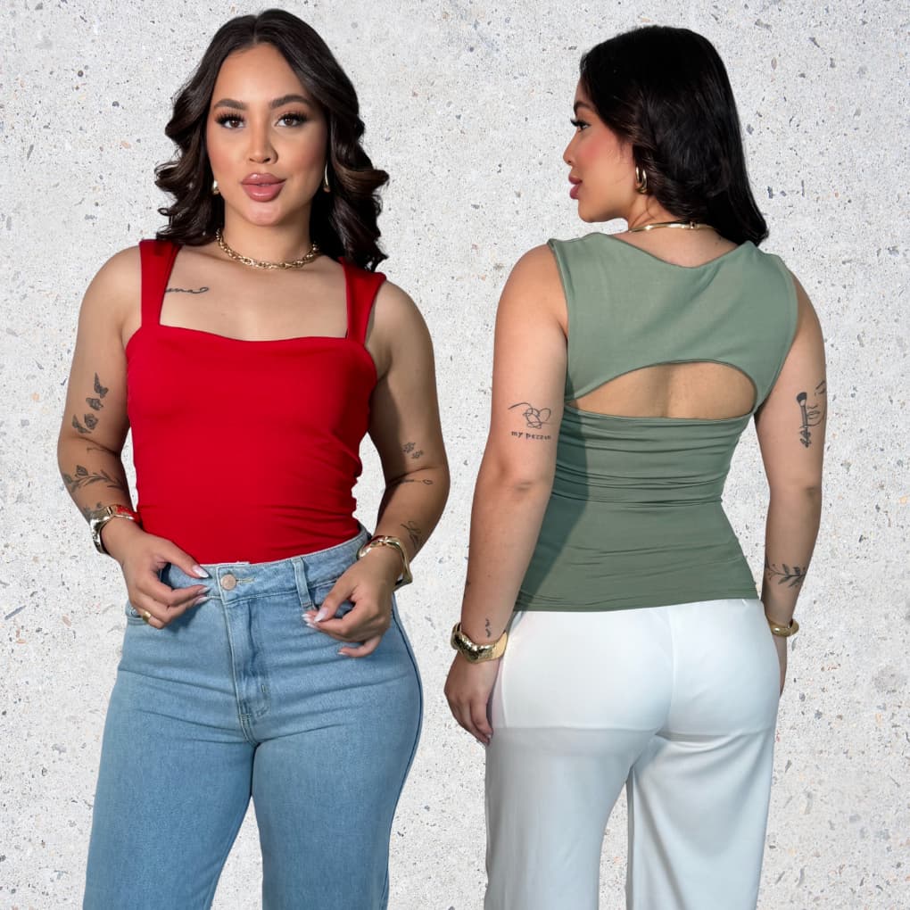 Kit 2 Regata Feminina Básica Blusa De Alça Larga Recorte Nas Costas Forro Duplo Em Suplex