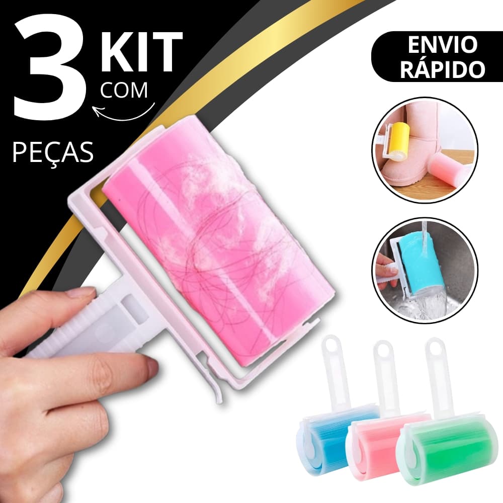 Kit 3 Rolo Tira Pelos Lavável Multiuso com Capa Protetora