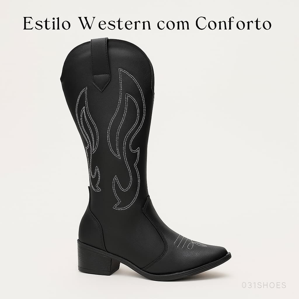 Bota Texana Western Cano Alto Feminina Com Bordado Estilosa Rodeio