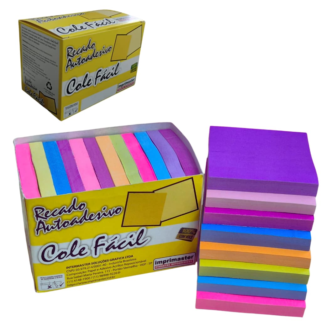Kit 12 Blocos Adesivo Cole Fácil 76x76mm Multicolor 1200 Fls - New Collection