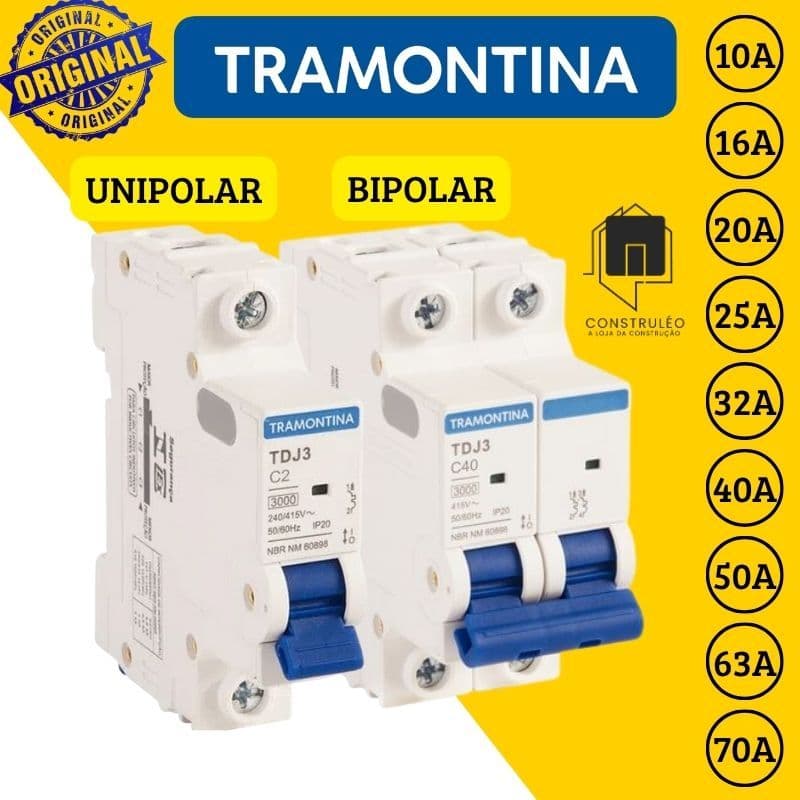Disjuntor Original Tramontina 10A a 70A TR3KA Curva C – Unipolar e Bipolar | 3kA |