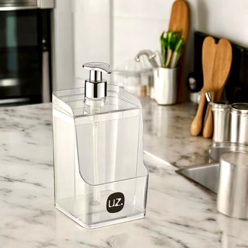 UZ Dispenser Porta Detergente e Esponja Bucha de Louça Slim Translúcido Transparente Acrílico Resistente Bico Cromado