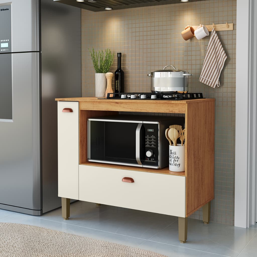 AJP MóveisBalcão De Cozinha Aurora Para Cooktop 4 Ou 5 Bocas Com 2 Gavetas 1 Porta E Nichos Para Forno Com Pés Em Pvc