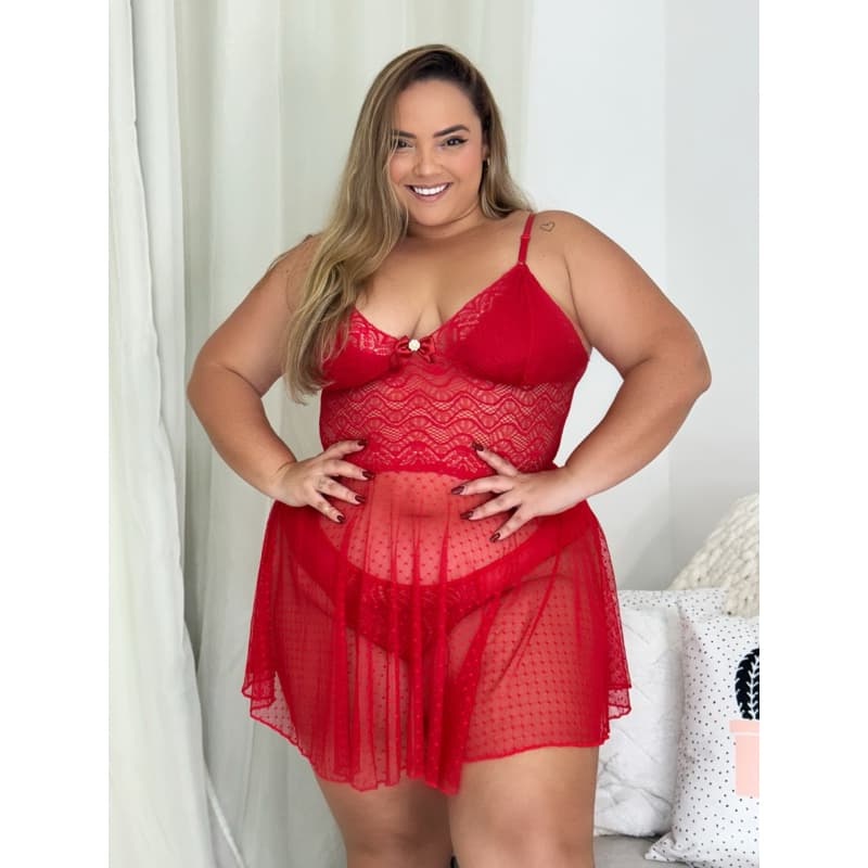 Conjunto Camisola Plus Size tule transparente em Renda + Calcinha
