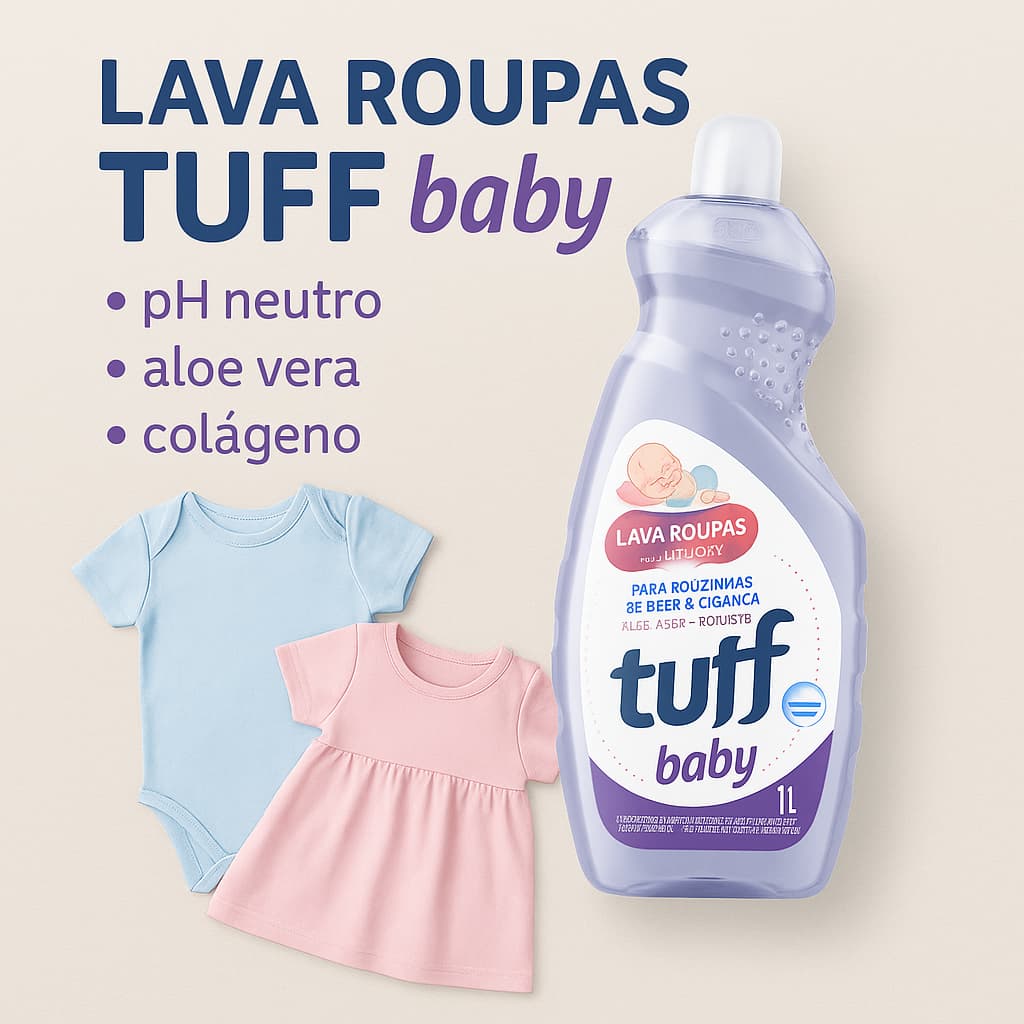 Lava Roupas Tuff Baby 1L pH Neutro com Aloe Vera e Colágeno Para Roupinhas de Bebês e Crianças
