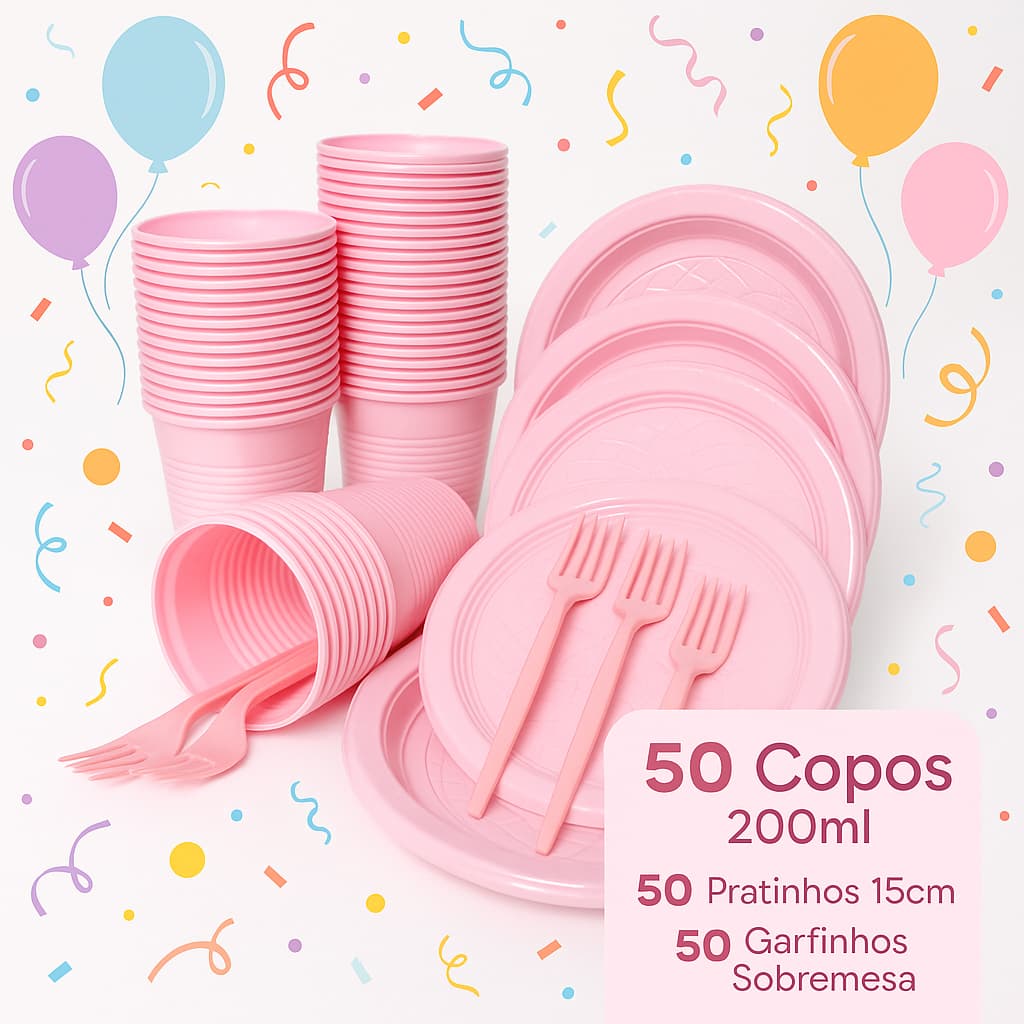 Kit Festa Colorido - Copo, Garfinho e Pratinho 50 UN - DIVERSAS CORES