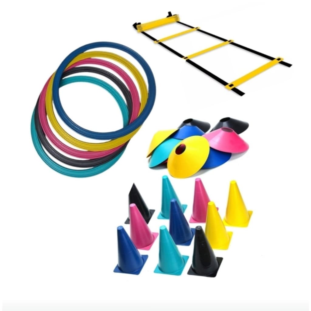 KIT AGILIDADE TREINO FUNCIONAL CIRTUITO CORRIDA -1 ESCADA GRANDE-5 CONES- 5 CHAPEU-5 ARGOLAS