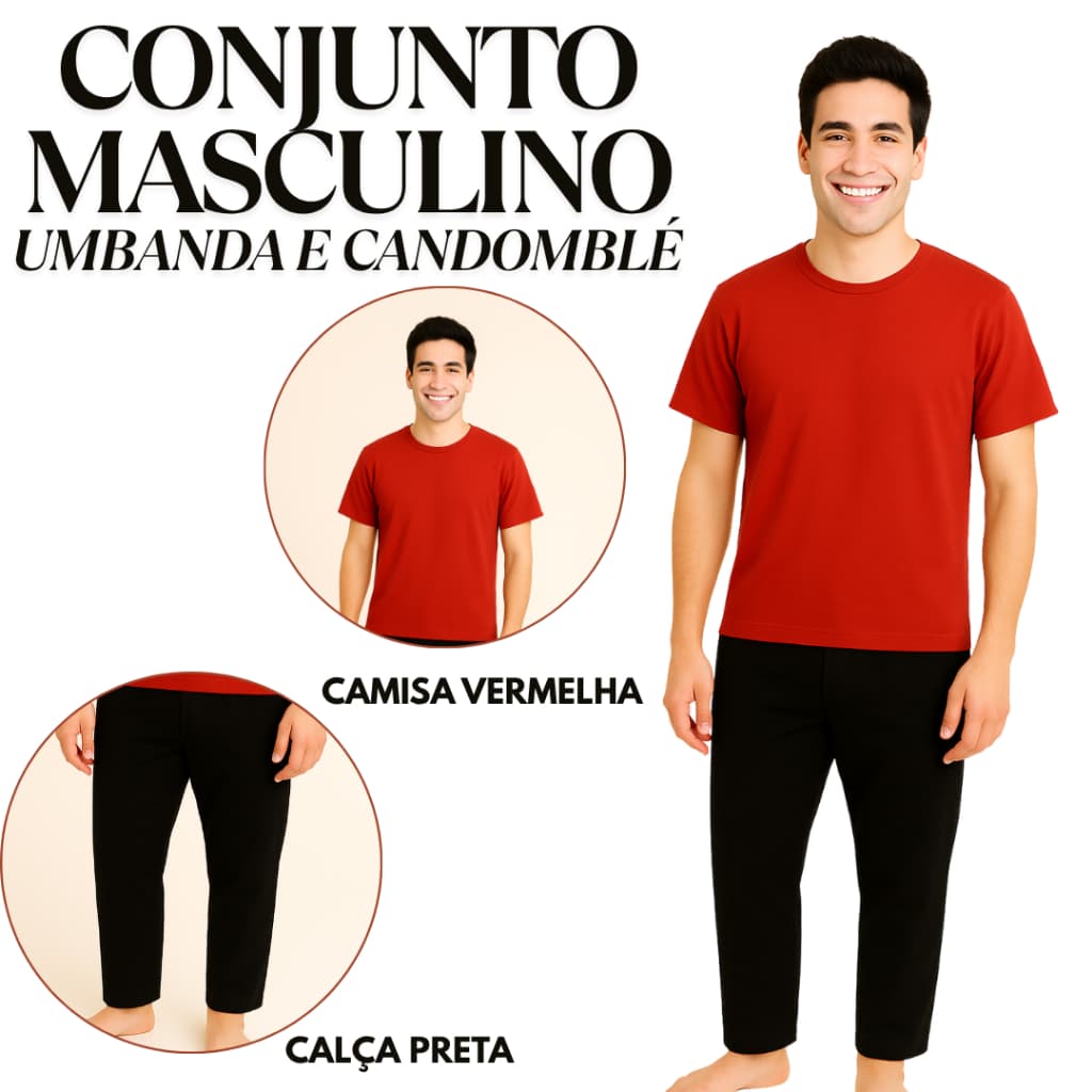 Conjunto Masculino Umbanda e Candomblé Roupa de Exu Preto com Vermelho 2pçs Premium