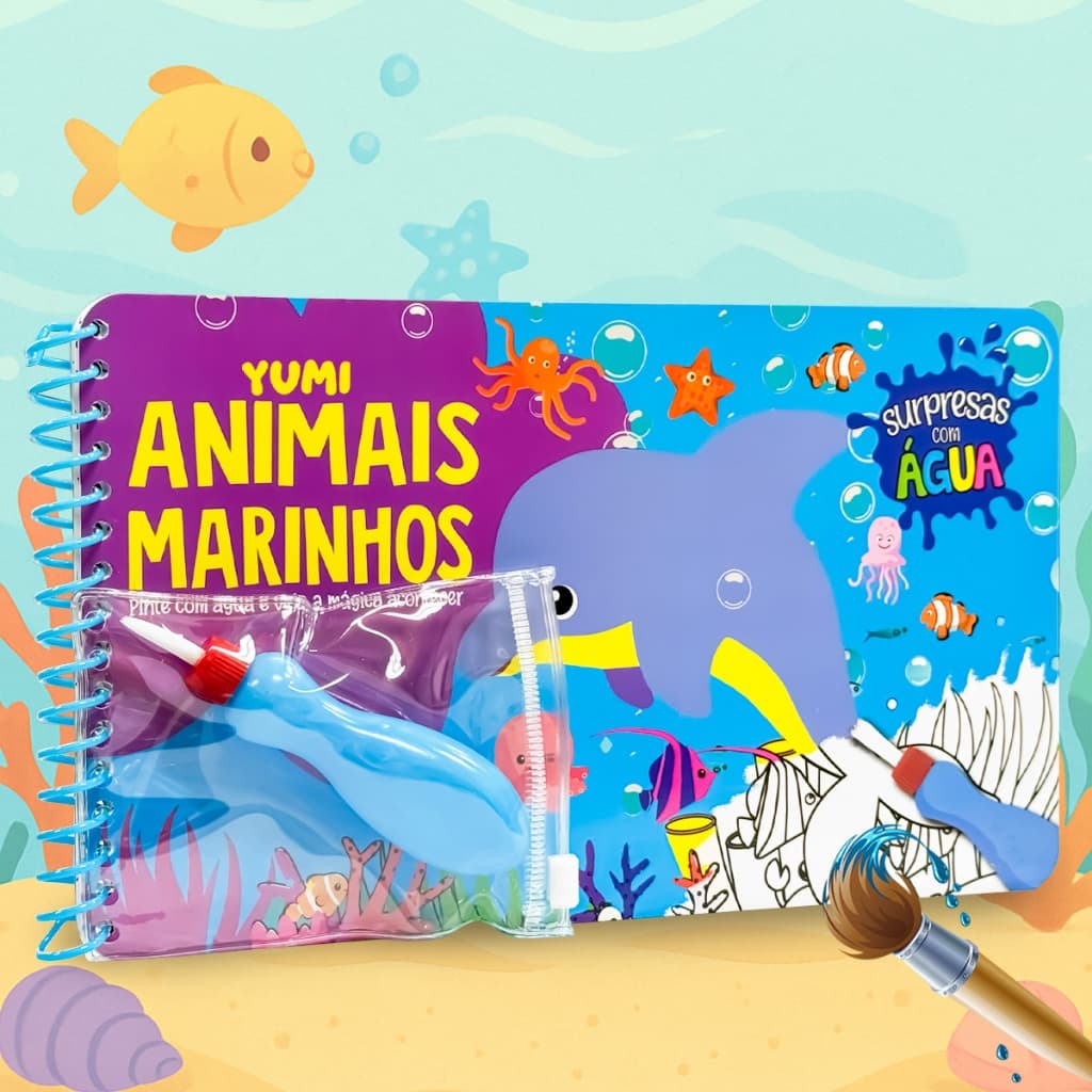 Livro Infantil Desenhos Animais Marinhos Pinta Com Água Capa Dura Agua book Aquabook