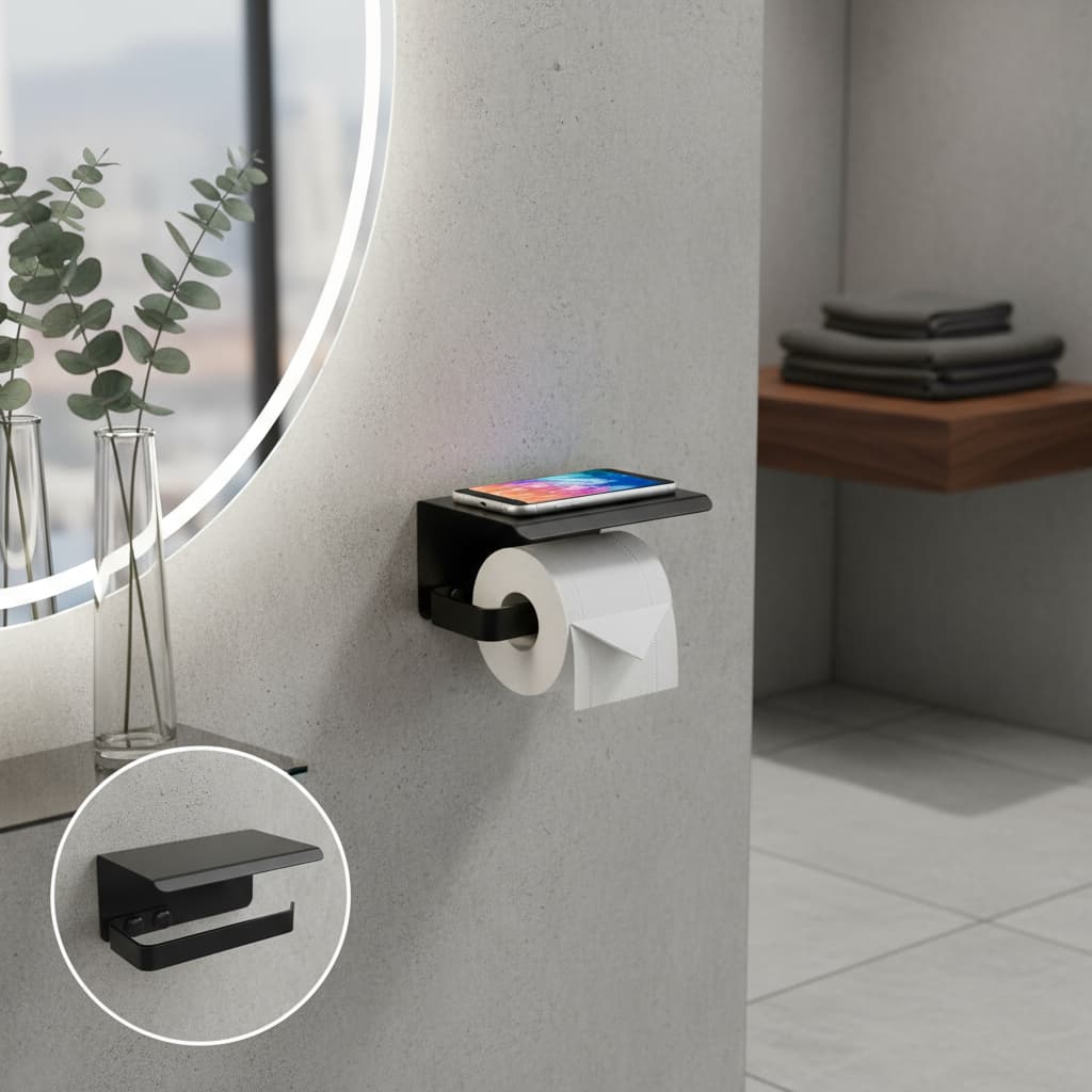 Suporte Papel Higiênico de Parede Alumínio Preto Fosco – Porta Papel com Apoio para Celular