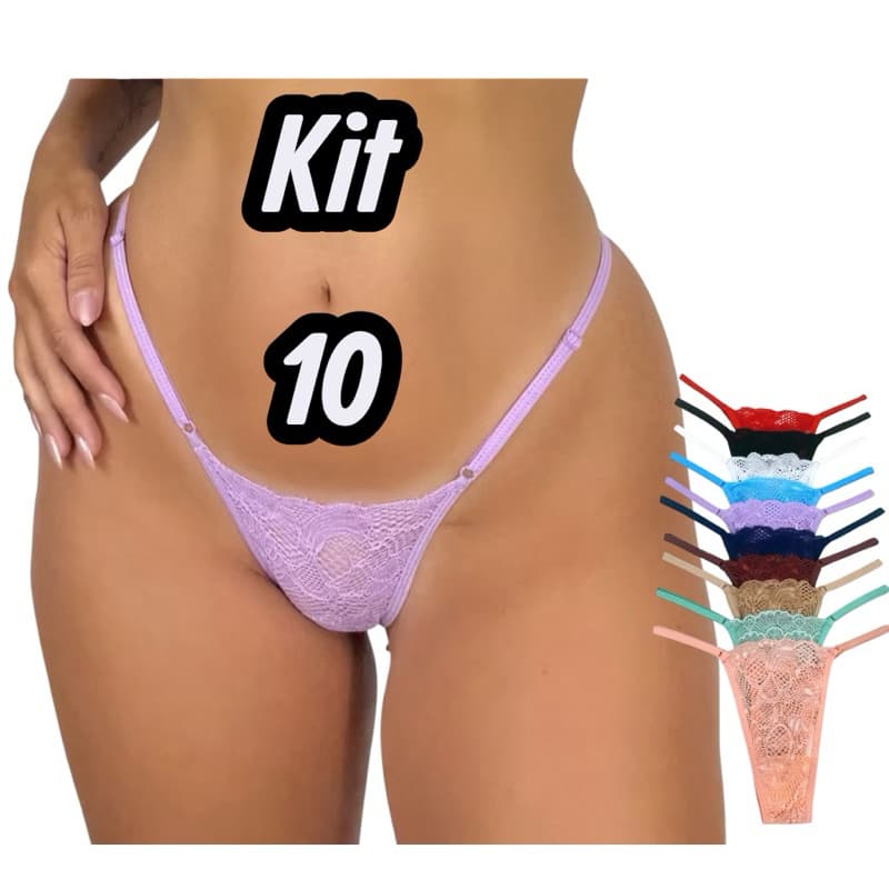 Kit 10 Calcinhas Renda com Regulagem Lateral Feminina Academia Sexy Microfibra