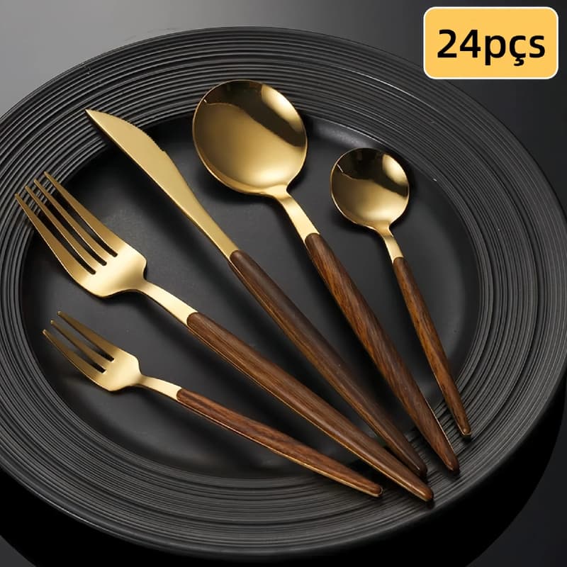 Faqueiro 24/48 Peças Aço Inox Cabo Estampa De Madeira