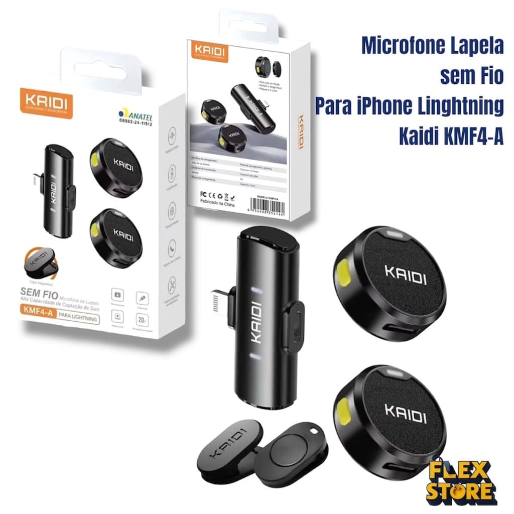 Microfone de Lapela Sem Fio KAIDI KMF4-A para iPhone (Lightning)