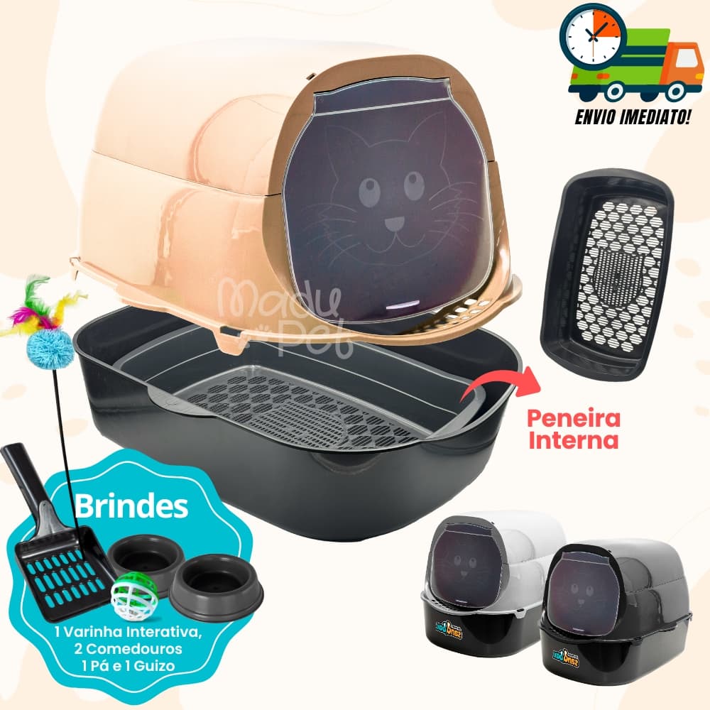 Caixa de Areia Para Gatos Fechada Banheiro Sanitário Porta Transparente + Peneira Interna Promoção