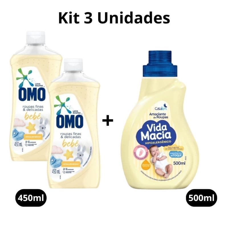 kit 2 Lava Roupas Omo Roupas Delicadas Bebê 450ml + 1 Amaciante Vida Macia Glicerina e Camomila 500ml