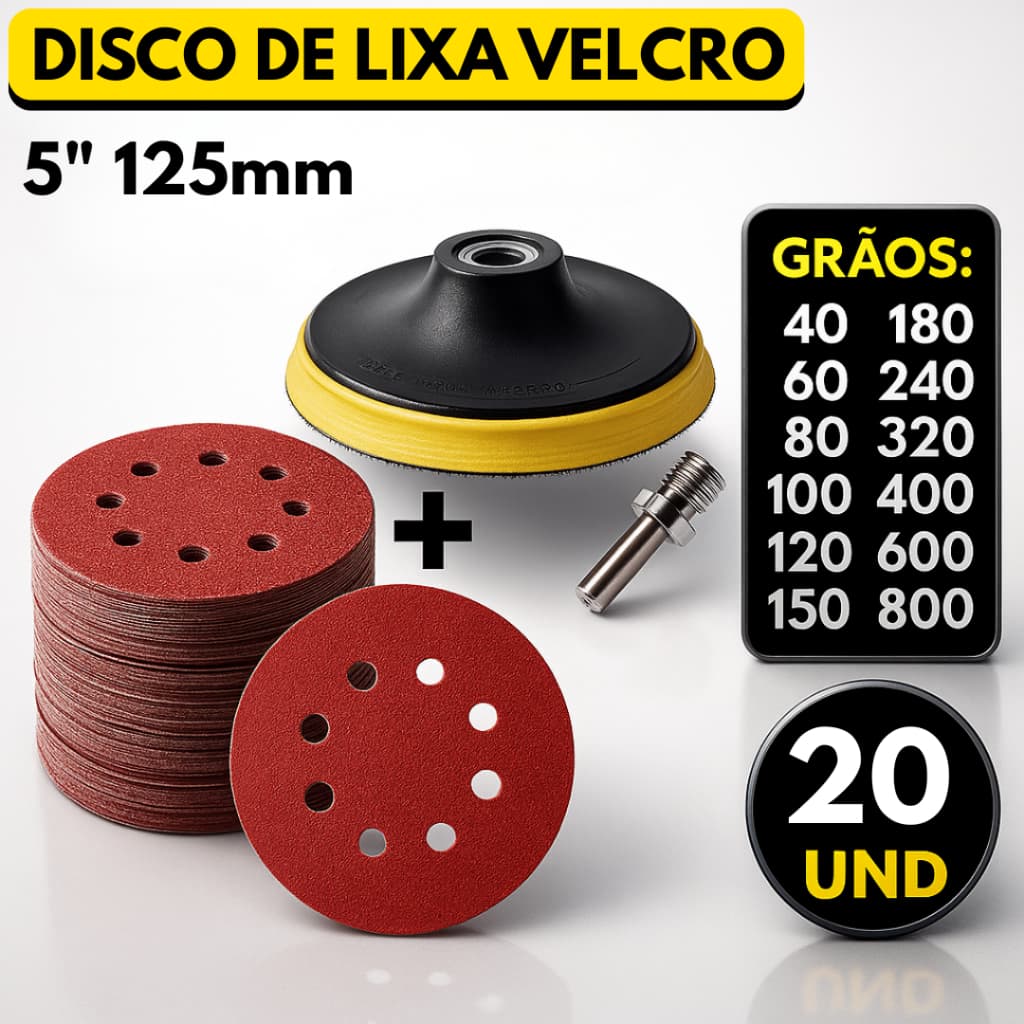 Kit Base Suporte 125mm com Adaptador M14 + 20 Lixas 8 Furos Com Velcro 5" Furadeira Esmerilhadeira Lixadeira Roto Orbita