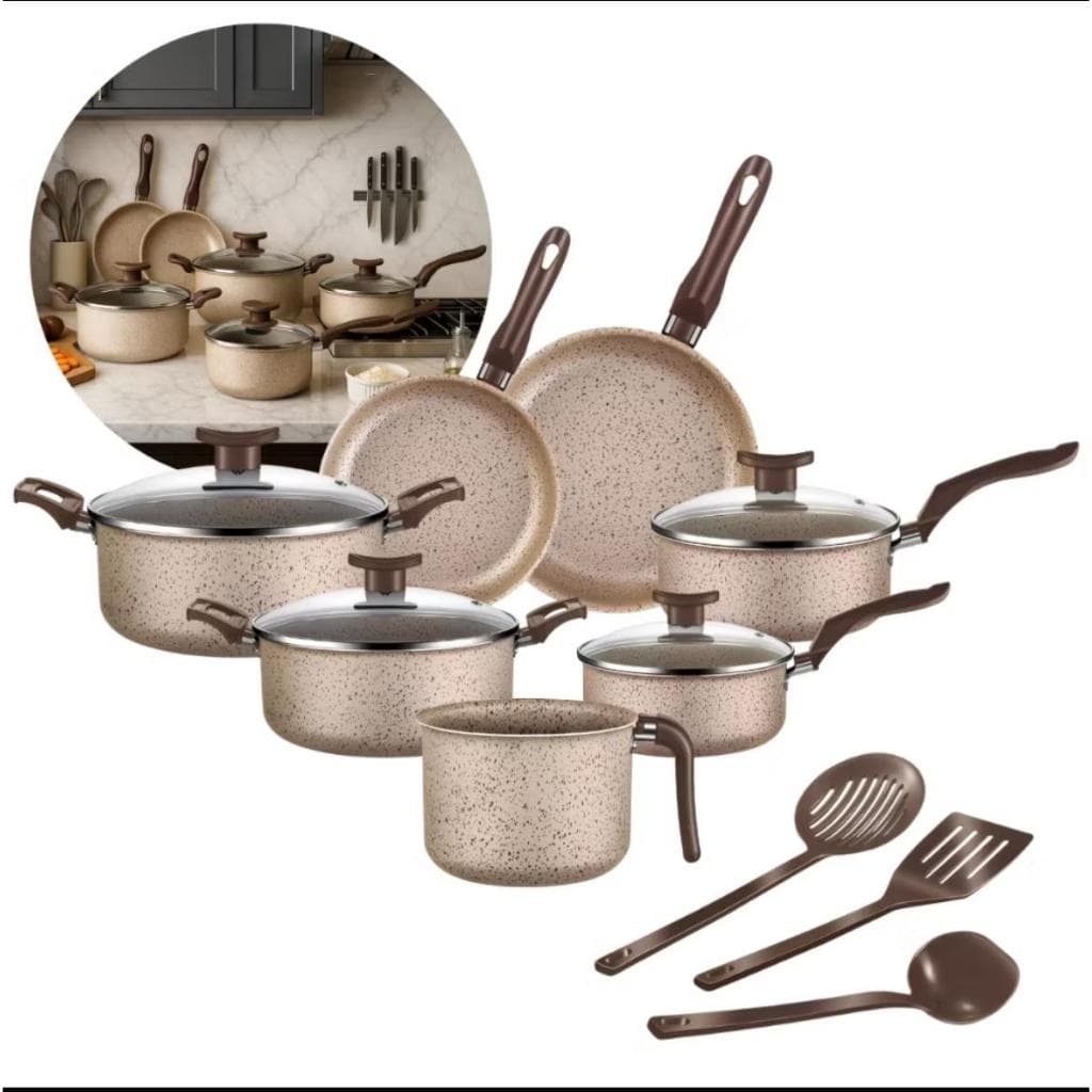 Conjunto De Panelas 10 Peças Antiaderente Caçarola Frigideira Fervedor Cor Coffee Cappuccino + Talheres