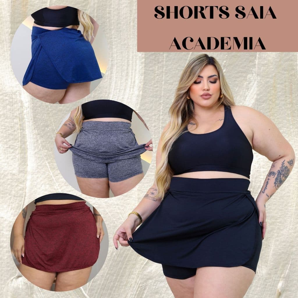 Short Saia Academia Plus Size Tapa bumbum fitness tecido Dry Fit Dia a dia 44 ao 56 Tamanho Grande
