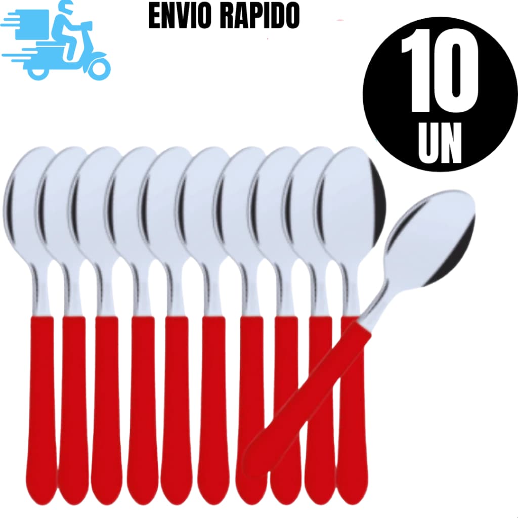 10 Un de  Colheres de Mesa Vermelhas 19cm  Aço Inox com Cabo Plástico Para Cozinha Restaurante