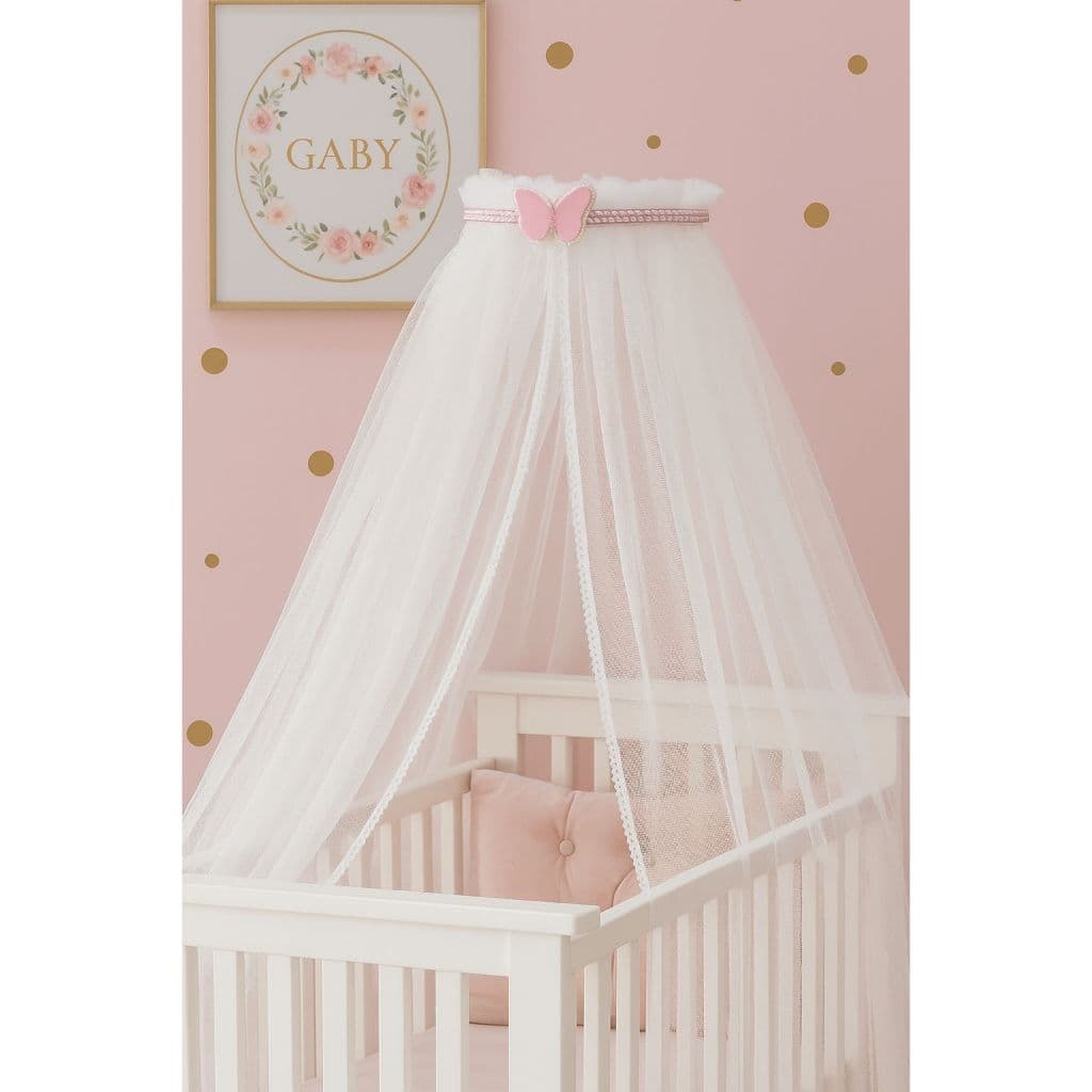 kit mosquiteiro com dorcel para berço borboleta e perolas brilhantes